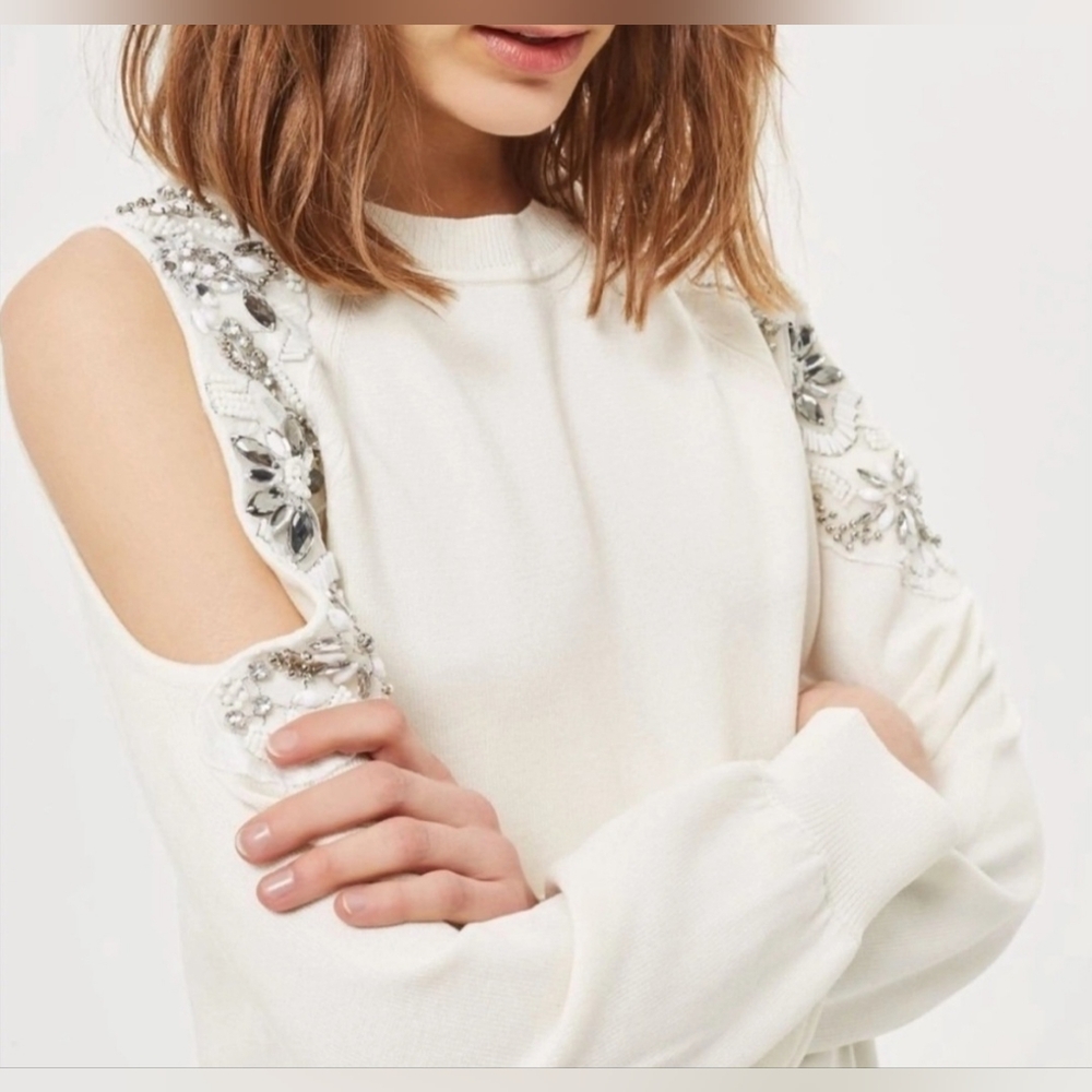 Topshop Embellished White Cold Shoulder Sweater Crewneck